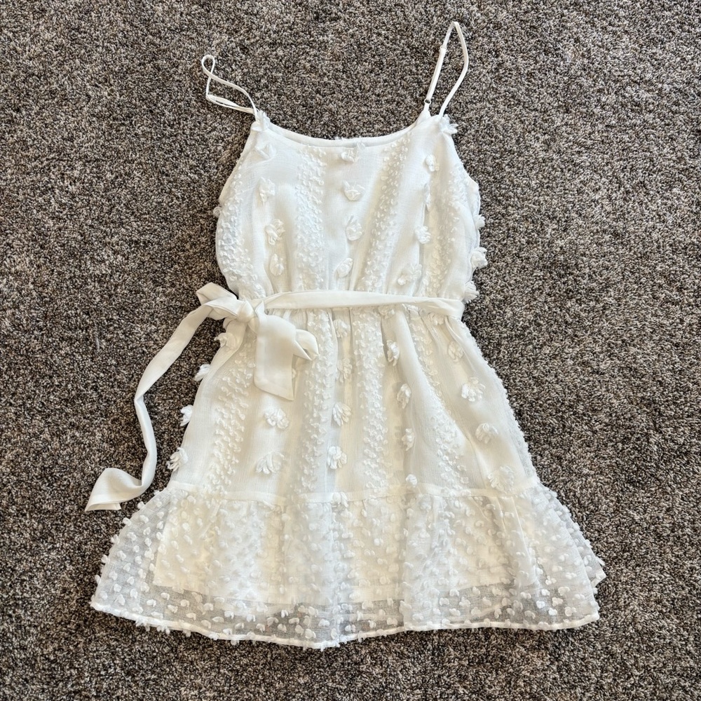 A. CALIN by Flying Tomato Women’s Small White lined Dress boho Pom pom